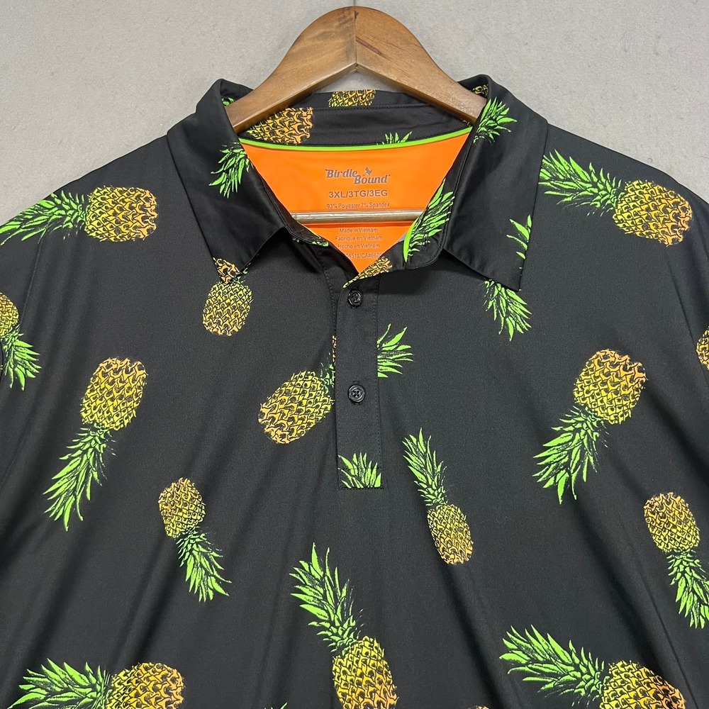 Birdie Bound Mens 3XL Pineapple Print Golf Polo Shirt Black Performance Stretch